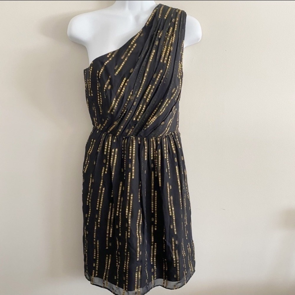 Shoshanna black and gold one shoulder dress